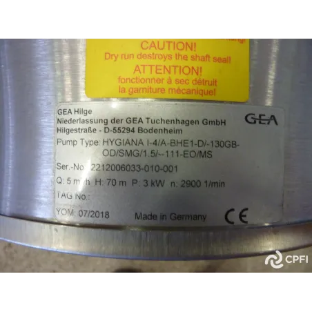 POMPE CENTRIFUGE GEA-HILGE TYPE HYGIANA 3 KW